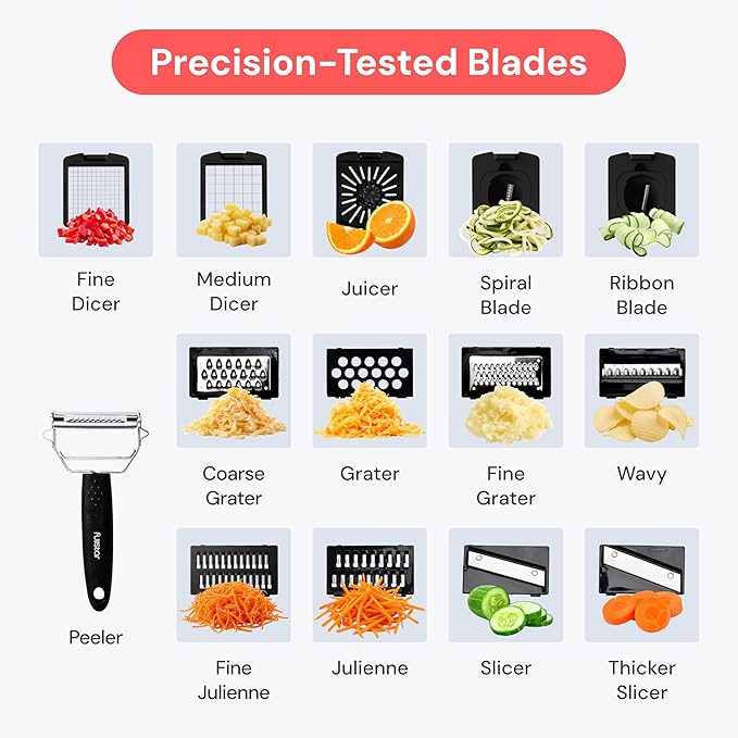 Fullstar Premium Vegetable Chopper and Mandoline Slicer - Food Chopper and Spiralizer with Container, Julienne Slicer, Fruit Slicer, Veggie Cutter, Kitchen Gadgets & Gift for Mom (14 in 1, Steel)