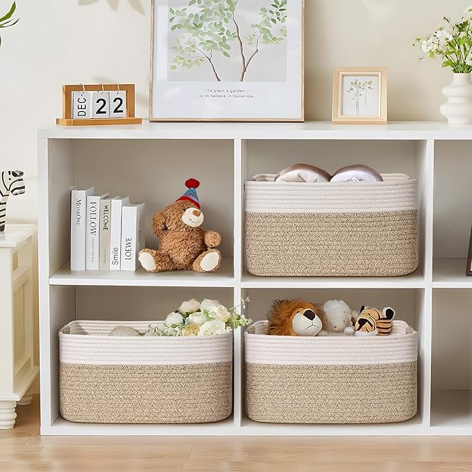 4 Pack Large Storage Basket for Organizing, 17.5"x13.5"x7.5" Woven Basket for Shelves, Closet Cube Storage Bins with Wrapped Handle, Cotton Rope Baskets for Kitchen, Clothes, Toys(Off White & Brown)