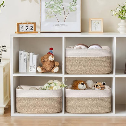 4 Pack Large Storage Basket for Organizing, 17.5"x13.5"x7.5" Woven Basket for Shelves, Closet Cube Storage Bins with Wrapped Handle, Cotton Rope Baskets for Kitchen, Clothes, Toys(Off White & Brown)