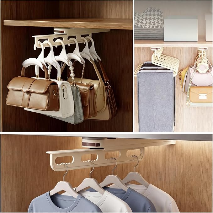 Pull Out Closet Rod, Suction Cup Valet Rod for Closet, No Drilling Extendable Closet Hanger Organizer, Sliding Wardrobe Clothing Rail, 14 Inch, Beige