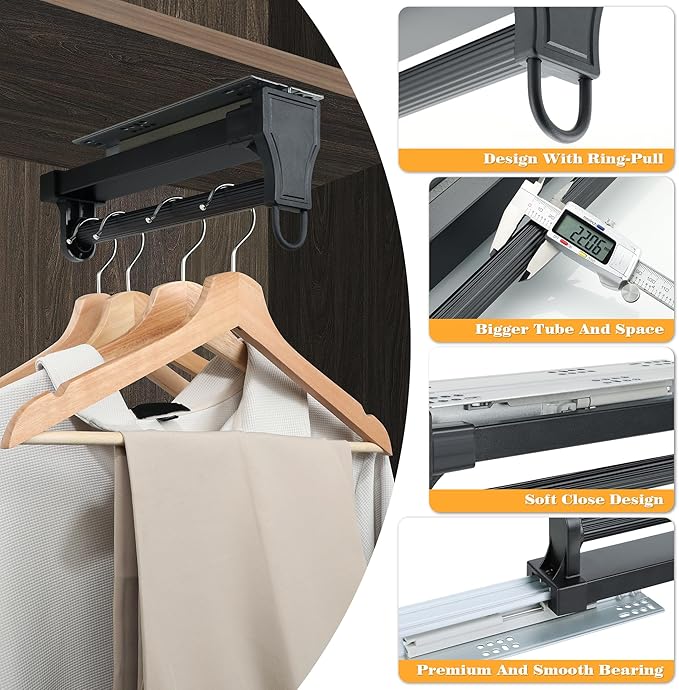 Alise Pull Out Clothes Hanger Rack for Closet,12 inch Heavy Duty Closets Rod with Automatic Soft-Close Mechanism for Closets,Closet Pull Out Metal Rod Organizer Hangers for Coats Pants Hangers,Black
