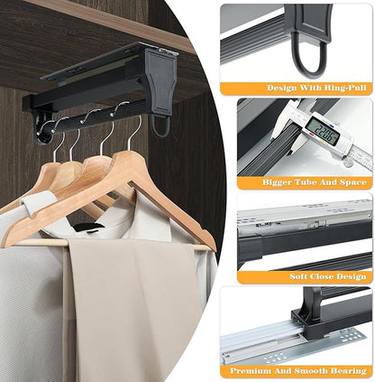 Alise Pull Out Clothes Hanger Rack for Closet,Heavy Duty Closet Rod with Automatic Soft-Close Mechanism for Closets,16 inch Closet Pull Out Metal Rod Organizer Hangers for Coats Pants Hangers,Black