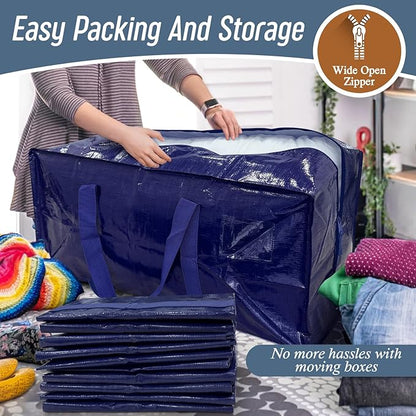 12 Pack Extra Heavy Duty Large Moving Bags with Strong Zipper & Comfortable Handles, Sturdy & Durable Clothes Storage Bags Totes Bins, Packing Moving Boxes for College Supplies, Dark Blue