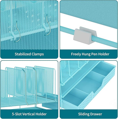 Blue Desk Organizer, Office Organization with Vertical File Holder, File Organizer with Drawer and Pen Holder, Desk Accessories and Workspace Organizers for Home Office (Sky Blue)