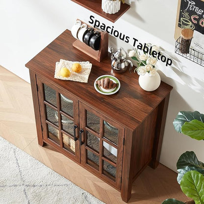Large Sideboard Buffet Cabinet with Storage, 32" Farmhouse Kitchen Coffee Wine Bar Cabinet with 2 Glass Doors, Wood Mid Century Modern Side Board Table for Dining Room, Living Room, Brown