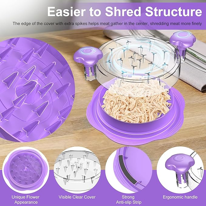 SURETIVIAN Chicken Shredder Tool Twist Large Chicken Breast Shredder with Brush&Fork, Visible Meat Shredder Machine, Anti-Slip Strip, Ergonomic Handle, BPA Free, Suitable for Pork Beef Chicken(Purple)
