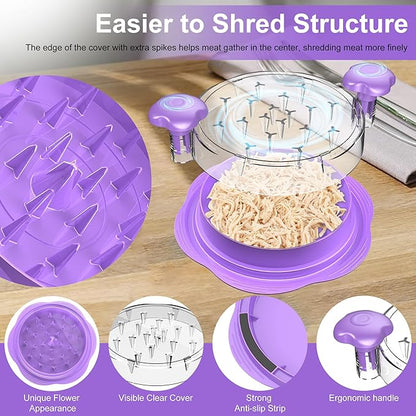SURETIVIAN Chicken Shredder Tool Twist Large Chicken Breast Shredder with Brush&Fork, Visible Meat Shredder Machine, Anti-Slip Strip, Ergonomic Handle, BPA Free, Suitable for Pork Beef Chicken(Purple)