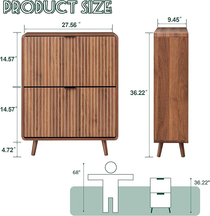 Fluted Shoe Cabinet Storage for Entryway,Slim Shoe Cabinet with 2 Flip Drawers, Narrow Shoes Rack Organizer (All Walnut, 2 Drawers)