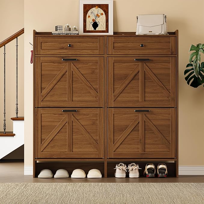 Shoe Storage Cabinet for Entryway, Farmhouse Wide Shoe Cabinet with 4 Flip Drawers and 2 Top Drawers, Freestanding Organizer with Adjustable Shelves, Hooks, and Anti-Tip Kit for Hallway