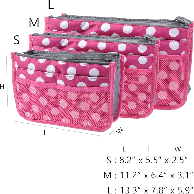 Vercord Purse Organizer Insert for Handbags Bag Organizers Inside Tote Pocketbook Women Nurse Nylon 13 Pockets Rose Dot Small