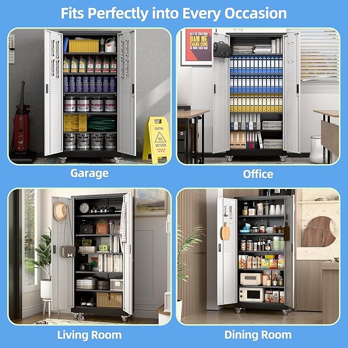 Garage Storage Cabinet with Wheels & Pegboard, Lockable Metal Storage Cabinet with Doors and 5 Adjustable Shelves for Garage, Home, Storage, Assembly Required, Black and Silvery, 71" H×34" W×18" D