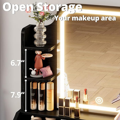 LIKIMIO Small Makeup Vanity Desk with Mirror and Lights, Vanity Table Set with Storage Drawer, Chair and Three Shelves, Bedroom, Black