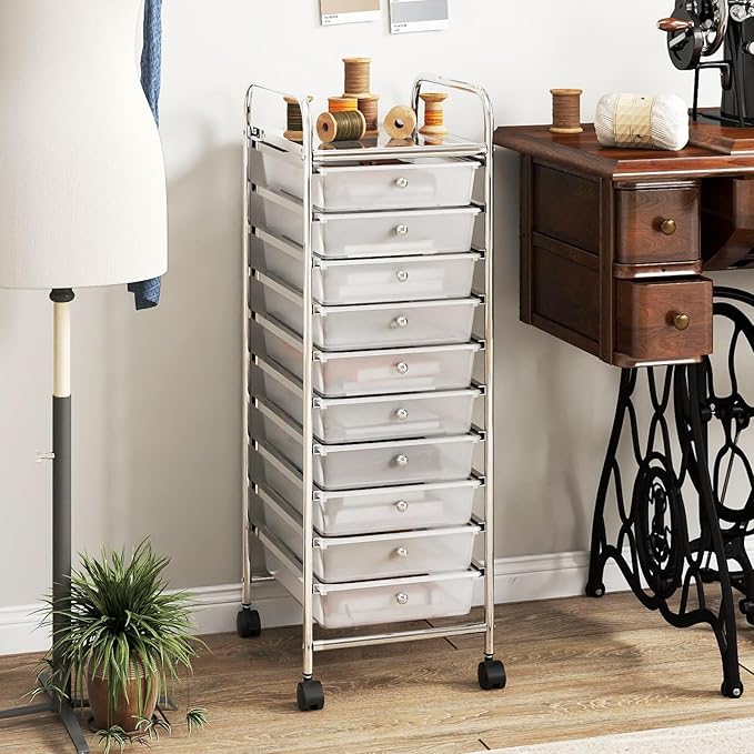 RELAX4LIFE 10-Drawer Rolling Storage Cart, Utility Cart with Metal Frame, Lockable Wheels & Removable Drawers, Multipurpose Art Craft Organizer for Home Office Classroom (Clear)