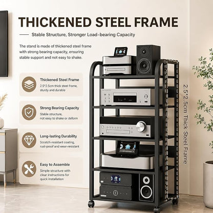 5-Tier Av Media Stand with Wheels, Audio Tower Rack with Adjustable Shelves, Stereo Racks and Stands with Storage Shelves, Media Console for Home, Office, Theater, Black