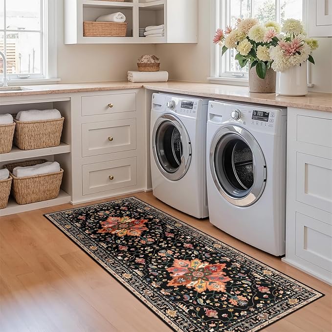 RELEANY Area Rugs Runner 2'x6' Washable Non-Slip, Floral Vintage Distress Medallion Carpet for Kitchen Hallway Bedroom Beside Laundry Room Bathroom, Black Colorful Floral Dark Tan