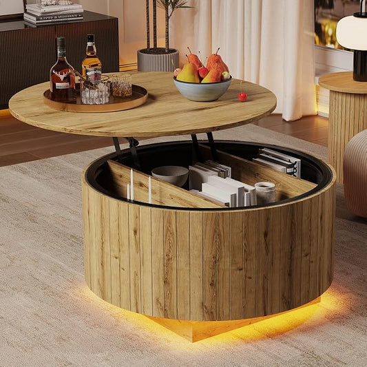 kepptory Round Lift Top Coffee Table with LED Lights, Mid Century Modern Wooden Coffee Tables with 3 Storage Space, Circle Center Table for Living Rooms,Dining Room,Bedroom Home Office,APP LED Lights