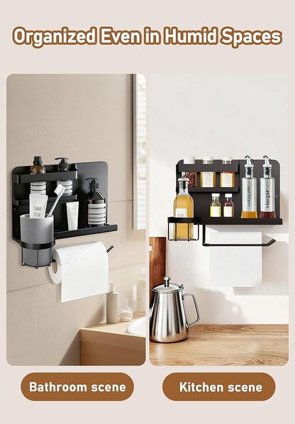 Bedside Wall Organizer Metal Shelf with Cup & Tissue Holder – Waterproof Wall Storage Rack for Dorm Room, Bathroom, Kitchen, and Office (White)