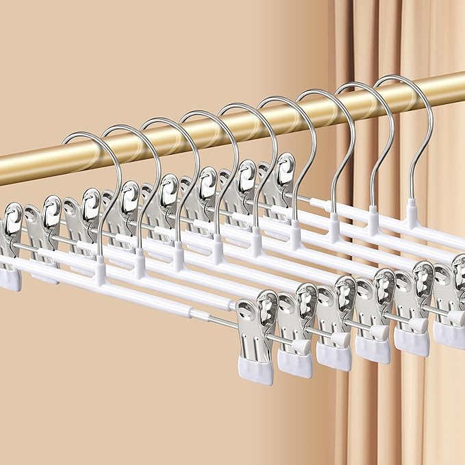 Pants Hangers with Clips 10 Pack Adjustable Skirt Hangers for Women Non-Slip Trousers Hanger for Jeans Clothes Hangers for Pants Heavy Duty Space Saving Shorts Hangers,White,14Inch