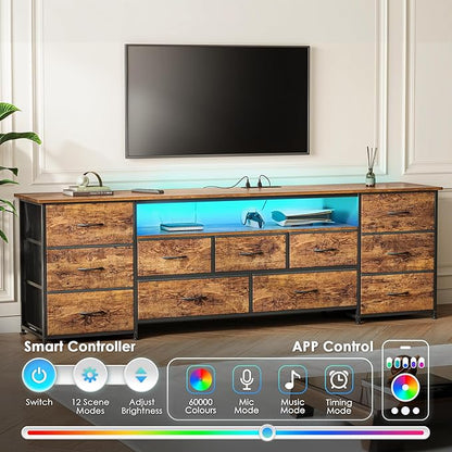 Huuger 70 Inch TV Stand for 75, 80 Inch TV, 11 Drawer Long Dresser with Power Outlets and LED Lights, Entertainment Center with Storage, Rustic Brown Dresser with Printed Surface