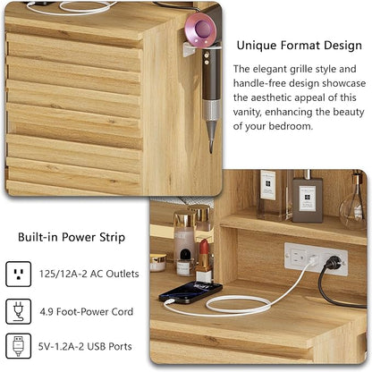 Fluted Vanity Desk with HD Mirror and Lights, Wood Makeup Vanity Table with 4 Drawers & Open Shelves, Mid Century Dressing Table Set with Charging Station, 3 Color Lighting Modes for Bedroom, Oak