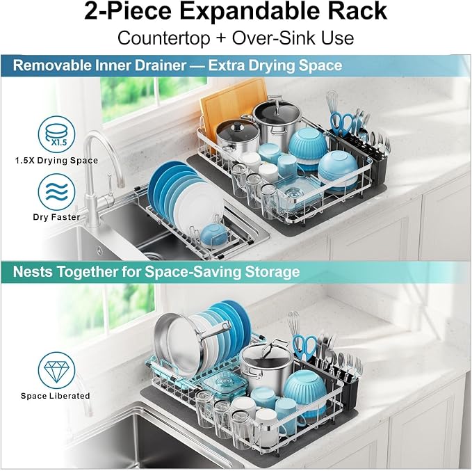 GSlife Large Capacity Expandable Dish Drying Rack with Absorbent Mat, 2-Piece Stainless Steel Dish Drainer Set for Counter with Removable Over Sink Rack, Family Size 15" W x 16.5"-21.5" L, Silver
