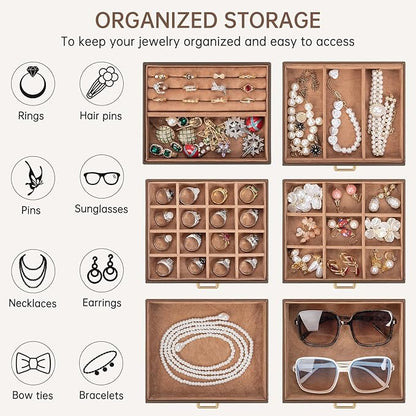AKOZLIN 6-Tier Jewelry Box Organizer Functional 5 Drawers Leather Jewelry Storage Case for Women Girls Ring Necklace Earring Bracelet Holder Organizer with Mirror Brown