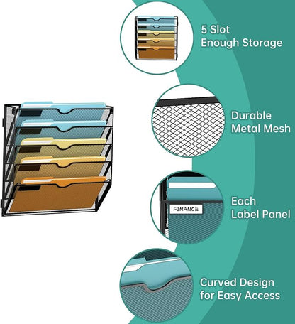 SUPEASY 5 Tier Wall File Organizer, Hanging Wall Mounted Mail Organizer with Label Slots, Metal Mesh File Holder Magazine Rack for Office, Home, School or Classroom, Black, 2Pack