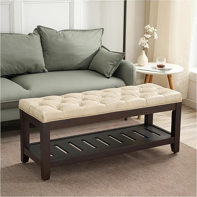 44" Ottoman Bench, Upholstered End of Bed Bench, Oversized Footrest with Wood Shelf torage Storage Bench for Bedroom, Entryway, Living Room, Beige(PU)