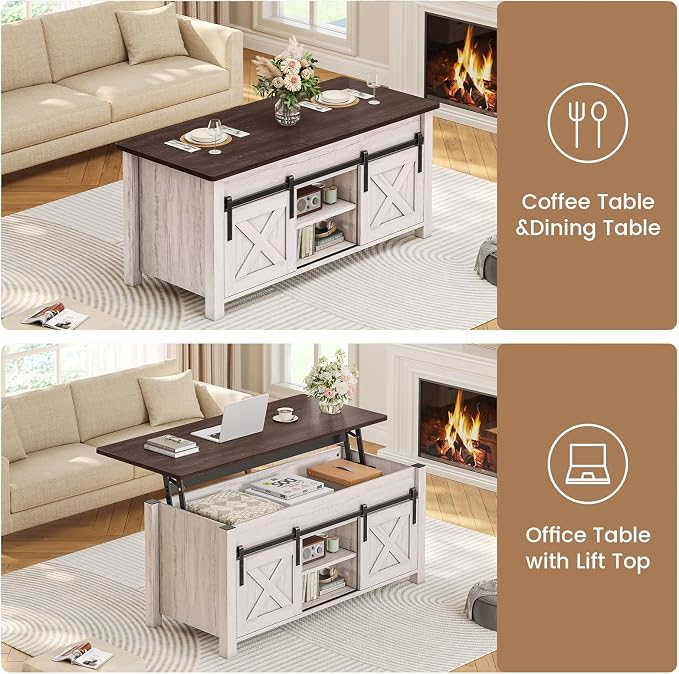 SEDETA Lift Top Coffee Table, Farmhouse Lift Tabletop Dining Table, Gas Spring, Hidden Compartment, Open Storage Shelf, for Living Room, Vintage White