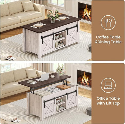 SEDETA Lift Top Coffee Table, Farmhouse Lift Tabletop Dining Table, Gas Spring, Hidden Compartment, Open Storage Shelf, for Living Room, Vintage White