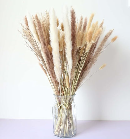 110 Stems Dried Pampas Grass, Boho Table Decor Natural Reed Phragmites Grass + Brown & White Pampas Grass + Bunny Tails Flowers Bouquet for Wedding Floral Arrangements Farmhouse Home Rustic Wall