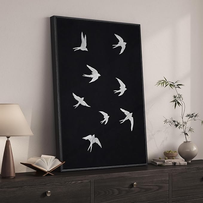Framed Black and White Modern Wall Art, Large Animal Canvas Prints Paintings Artwork for Walls, Minimalist Birds in Flight Pictures for Living Room Dining Bedroom Hallway Office Home Decor 24x36 In