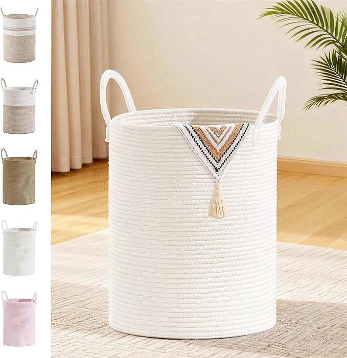 Tall Laundry Basket with Handles, 53L Portable Dirty Clothes Hamper, Boho Cotton Rope Storage Bin for Blankets Kids Toys Gifts, Decorative Organizer for Baby Nursery Bedroom Bathroom, White