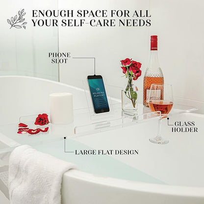 34" Supreme - Clear Acrylic Bathtub Tray Caddy Tub Shelf, Spa Board Luxury Bathroom Bath tub Table, Fits Across Bathtubs, Book, iPad and Wine Glass Holder (Supreme, 34")