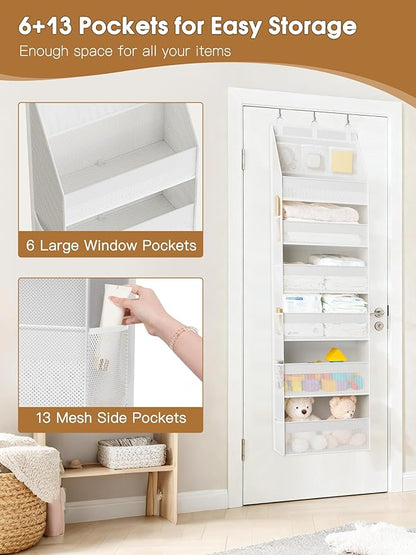 Criusia 2 Pack Over the Door Organizer, Heavy-Duty 6-Shelf Hanging Storage with 13 Mesh Pockets, 55lbs Capacity Behind the Door Storage for Nursery, Bathroom, Bedroom, and Dorm, White
