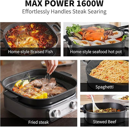 6-Quart Electric Skillet with Grill | Non-Stick PFOA-Free Ceramic-Coated Pot, 1600W, Timer & 3 Power Settings for Steak, Egg, Ramen (Includes Tongs) Pot & Grill