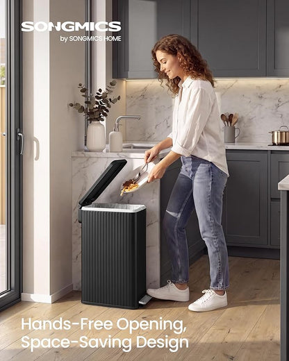 SONGMICS Trash Can, 13 Gallon (50 L) Slim Garbage Can for Kitchen, with Soft-Close Lid, Pedal, Removable Inner Bucket, Stainless Steel, 15 Trash Bags, Space-Saving, Ink Black ULTB350BZ01