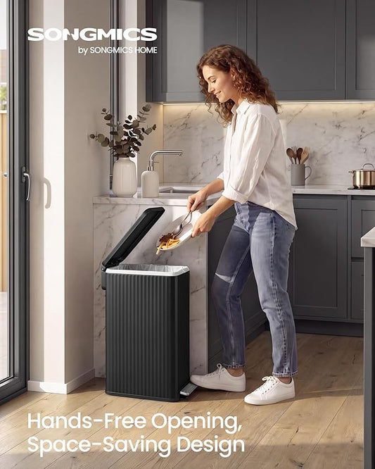 SONGMICS Trash Can, 13 Gallon (50 L) Slim Garbage Can for Kitchen, with Soft-Close Lid, Pedal, Removable Inner Bucket, Stainless Steel, 15 Trash Bags, Space-Saving, Ink Black ULTB350BZ01