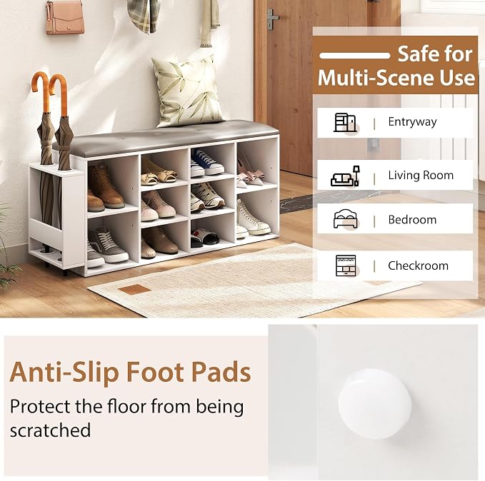 Tangkula Shoe Storage Bench with Umbrella Stand, 10-Cube Entryway Bench with Adjustable Shelf & Padded Cushion, Cubby Shoe Rack Organizer for Bedroom & Checkroom, Rustic Brown & Black (White)