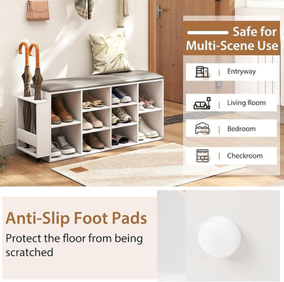Tangkula Shoe Storage Bench with Umbrella Stand, 10-Cube Entryway Bench with Adjustable Shelf & Padded Cushion, Cubby Shoe Rack Organizer for Bedroom & Checkroom, Rustic Brown & Black (White)