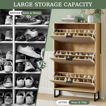 Shoe Cabinet Storage with 3 Flip Drawers, Shoe Organizer Cabinet for Entryway, Modern Freestanding Hidden Shoe Rack Organizer Shoe Cupboard for Hallway, Natural Wood