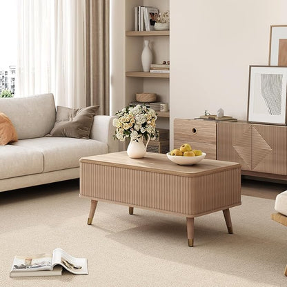 SULIVES Lift Top Coffee Table with Storage,Fluted Coffee Table with Lifting Top,Mid Century Modern Center Table with Solid Wood Legs,Small Coffee Tables for Living Room,Oak