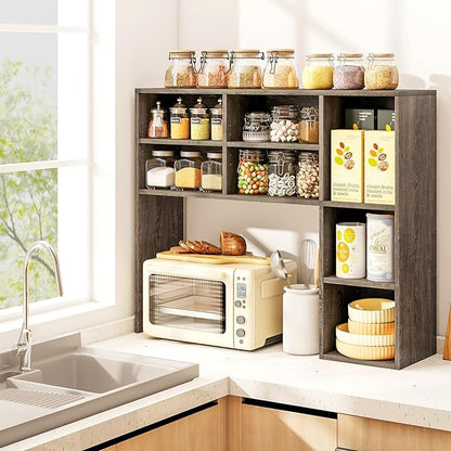 Desk Hutch, Desktop Shelf with 7 Shelves, Desk Bookshelf w/Anti-Toppling Devices, Wood Table Top Bookshelf Organizer, Small Desk Shelf for Study, Office, Dorm (Grey, 7 Shelves)