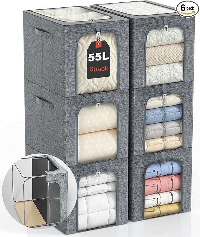 GoMaihe Blanket Storage Bins with Metal Frame, 6-Pack Large Closet Storage Bins with Lid & Clear Window, Comforter Bedding Storage Organizer for Walk-in Closet Cationic Fabric 55L