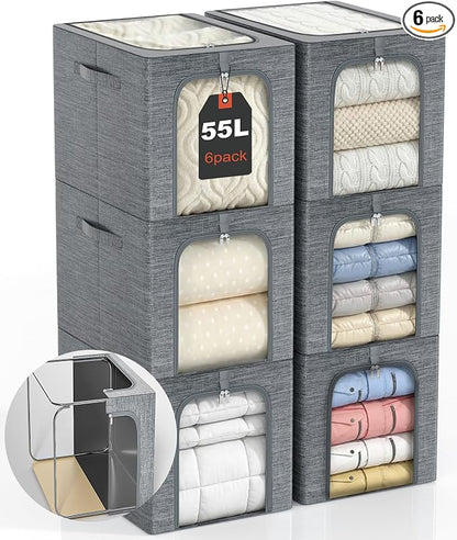 GoMaihe Blanket Storage Bins with Metal Frame, 6-Pack Large Closet Storage Bins with Lid & Clear Window, Comforter Bedding Storage Organizer for Walk-in Closet Cationic Fabric 55L