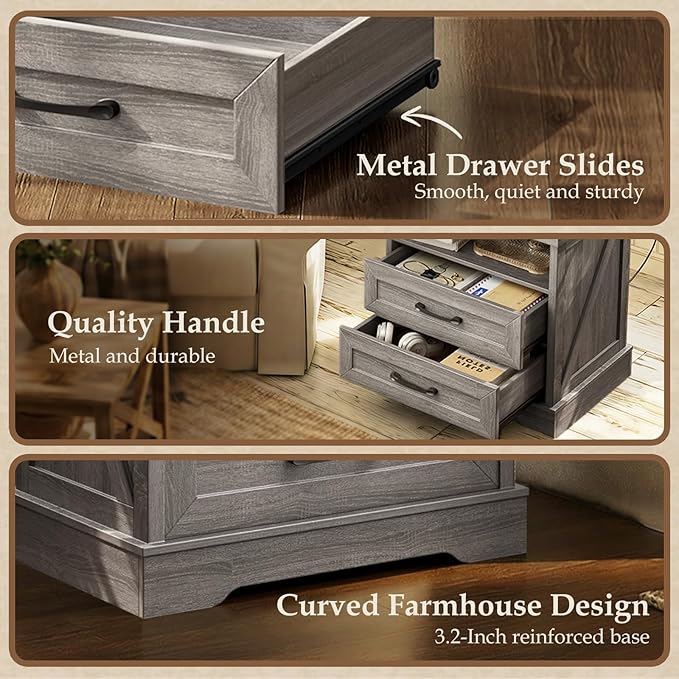 AODK Farmhouse Nightstand with Charging Station, 24 Inch Large Bedside Table with 2 Drawers, Rustic Wood End Table with Outlet and USB for Bedroom, Oak Grey