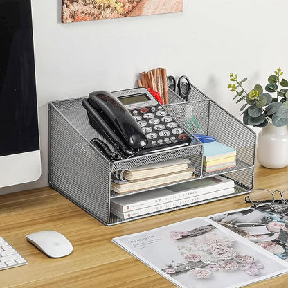 Phone Stand for Desk with 2 Pen Holder, Metal Mesh Desk Organizer with Telephone Holder, 3 Tier Office Storage Desktop Organizer for Workspace, Home, School, Silver