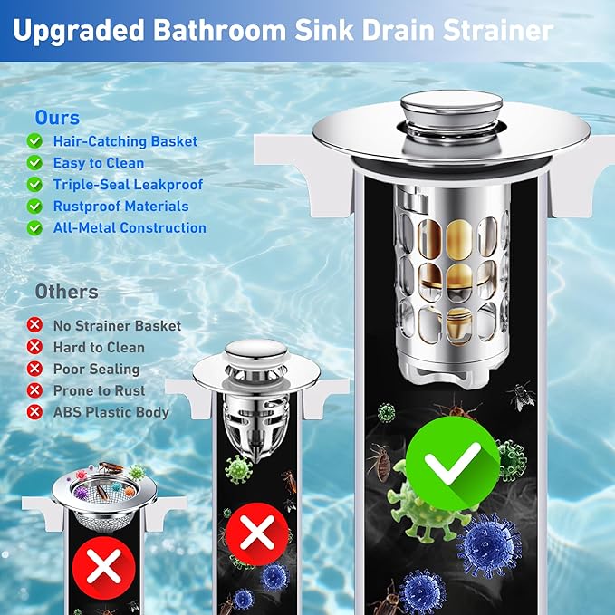 3 in 1 Bathroom Sink Stopper, Pop-up Bathroom Sink Drain Strainer with Removable Brass Basket Catcher, Easy to Clean Drain Catcher, Universal Sink Plug for 1.1 to 1.6in Drain Hole (2 Pack, Silver)