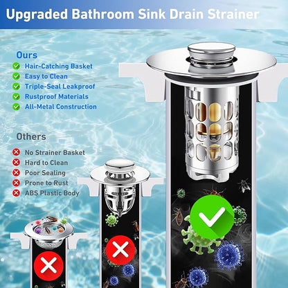 3 in 1 Bathroom Sink Stopper, Pop-up Bathroom Sink Drain Strainer with Removable Brass Basket Catcher, Easy to Clean Drain Catcher, Universal Sink Plug for 1.1 to 1.6in Drain Hole (2 Pack, Silver)