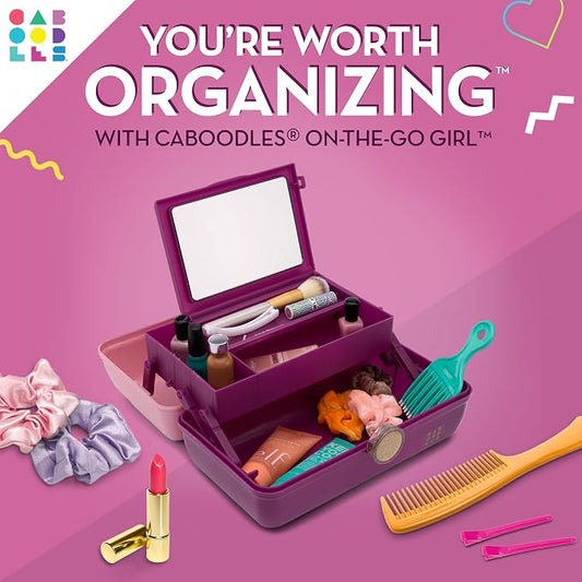 Caboodles On-The-Go Girl Makeup Box, Two-Tone Pink on Violet, Hard Plastic Makeup Organizer Box, Built-In Mirror, Secure Latch for Safe Travel, Spacious Storage for Large Items
